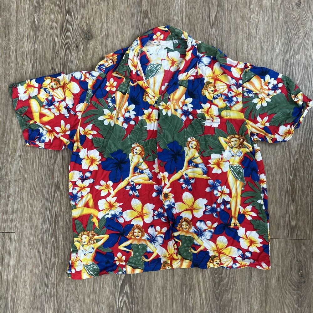 Vtg Pin Up Hawaiian Aloha Shirt Sz Xl Cotton Red JIMMY BUFFETT'S MARGARITAVILLE